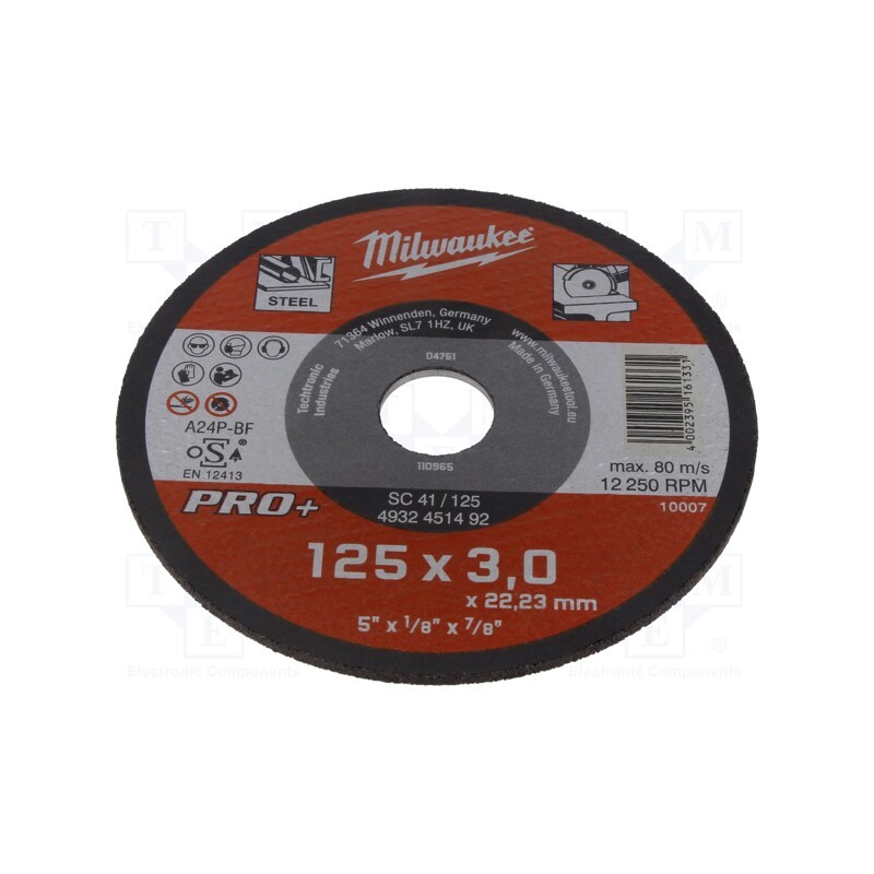 10 pcs : 4932451492 - Cutting wheel, Ø: 125mm, Øhole: 22.2mm, Disc thick: 3mm, tool steel
