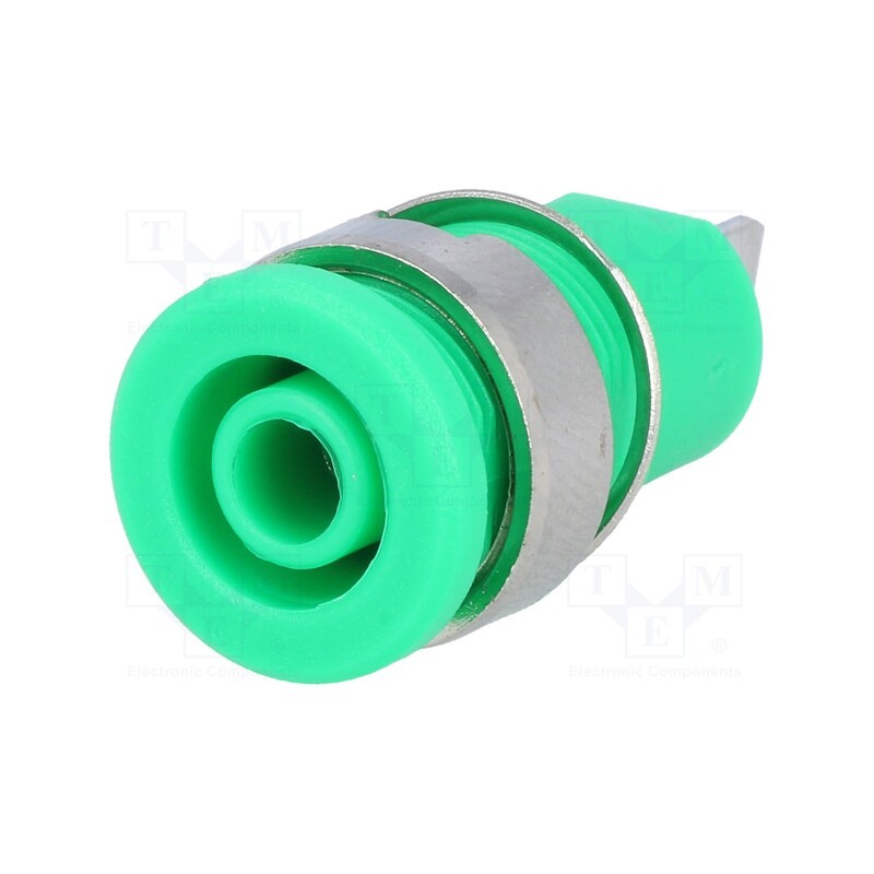 10 pcs : - Socket, 4mm banana, 32A, green, nickel plated, on panel, insulated