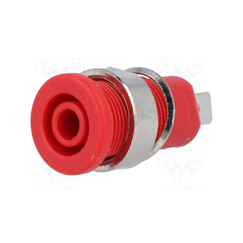 10 pcs : - Socket, 4mm banana, 32A, red, nickel plated, on panel, insulated