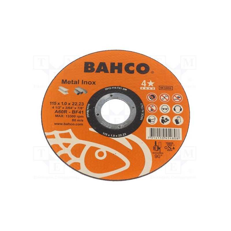 10 pcs : 3912-115-T41-IM - Cutting wheel, Ø: 115mm, Øhole: 22.23mm, Disc thick: 1mm, Class: 4*