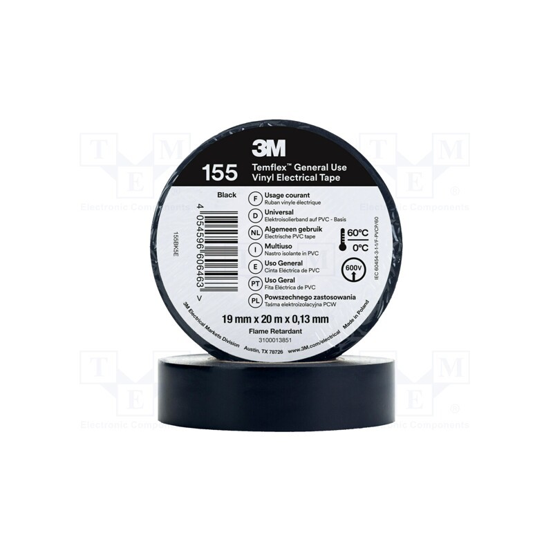 10 rol : 155BK5E - Tape: electrical insulating, W: 19mm, L: 20m, Thk: 130um, black, 150%