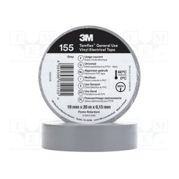 10 rol : 155GY5E - Tape: electrical insulating, W: 19mm, L: 20m, Thk: 130um, grey, 150%
