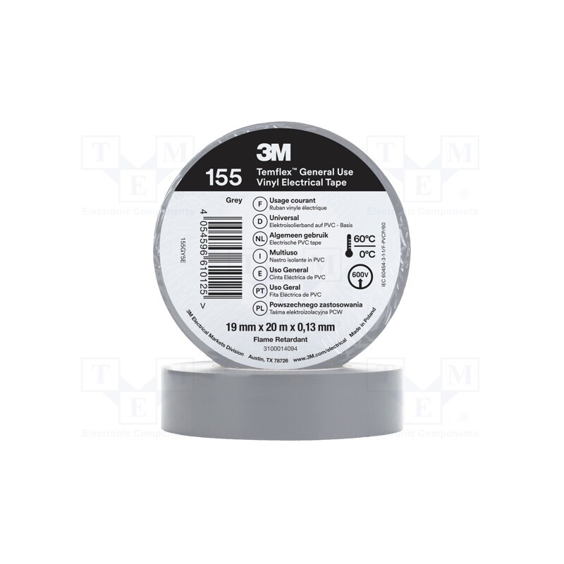 10 rol : 155GY5E - Tape: electrical insulating, W: 19mm, L: 20m, Thk: 130um, grey, 150%
