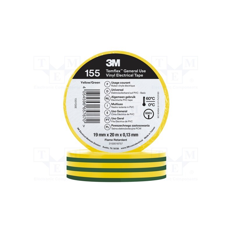 10 rol : 155YG5E - Tape: electrical insulating, W: 19mm, L: 20m, Thk: 130um, rubber