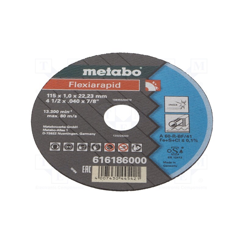 10 pcs : 616186000 - Cutting wheel, Ø: 115mm, Øhole: 22.2mm, Disc thick: 1mm