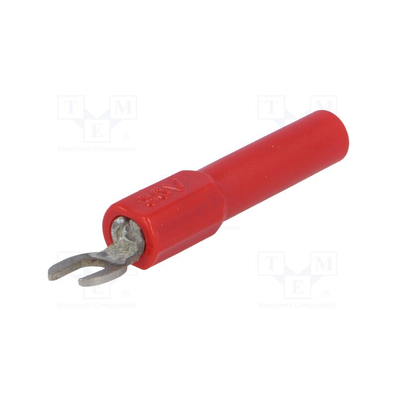 10 pcs : - Adapter, banana 4mm socket,fork terminal, 60VDC, 36A, red, 43mm
