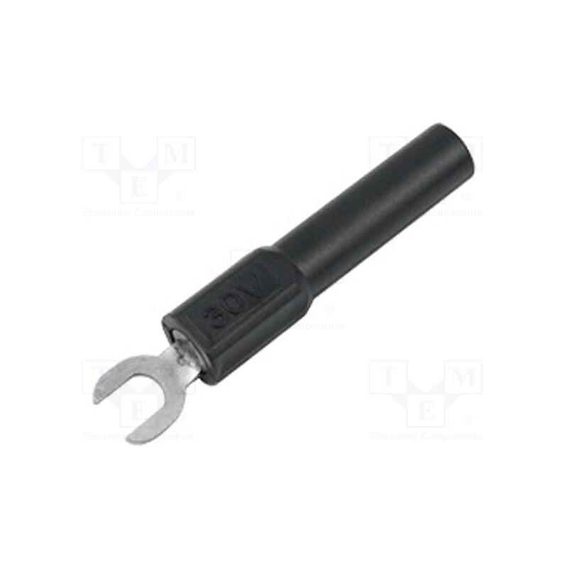 10 pcs : - Adapter, banana 4mm socket,fork terminal, 60VDC, 36A, black, 43mm