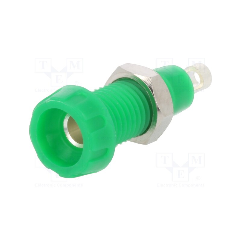 10 pcs : 563-0400 - Socket, 4mm banana, 10A, 250VAC, 28.5mm, green, nickel plated, 10mΩ