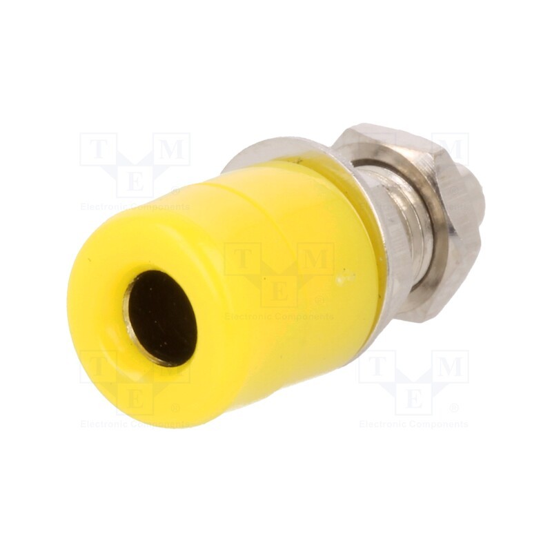 10 pcs : 69.8321-24 - Socket, 4mm banana, 20A, Cutout: Ø7.5mm, yellow, nickel plated