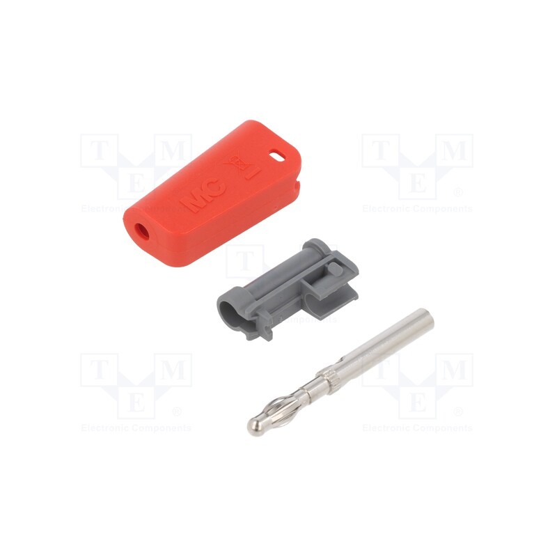 10 pcs : 64.1038-22 - Plug, 4mm banana, 19A, red, non-insulated,with 4mm axial socket