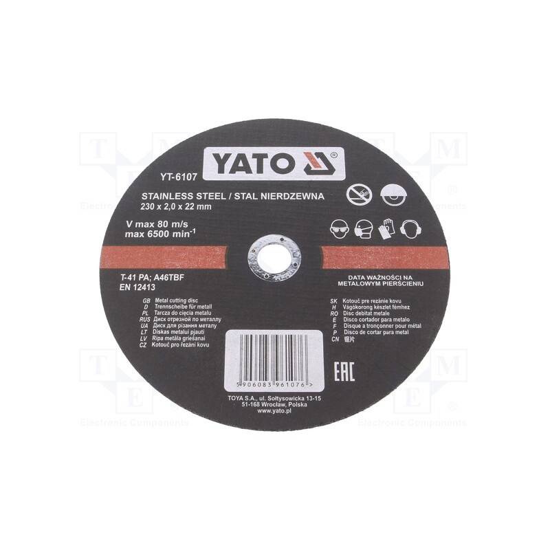 10 pcs : YT-6107 - Cutting wheel, Ø: 230mm, Øhole: 22mm, Disc thick: 2mm, 6500rpm