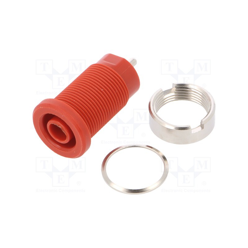 10 pcs : SEB 8632 NI / RT - Socket, 4mm banana, 24A, red, nickel plated, on panel,screw, 34mm