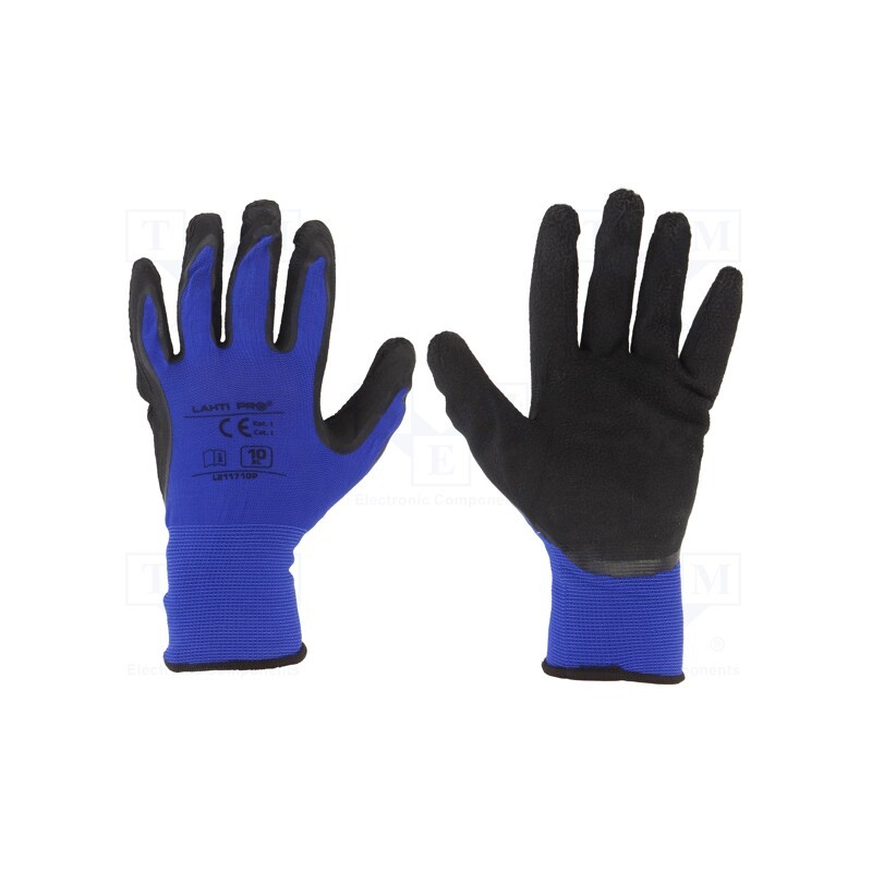 10 set : L211710K - Protective gloves, Size: 10, black-navy blue, latex,polyamide