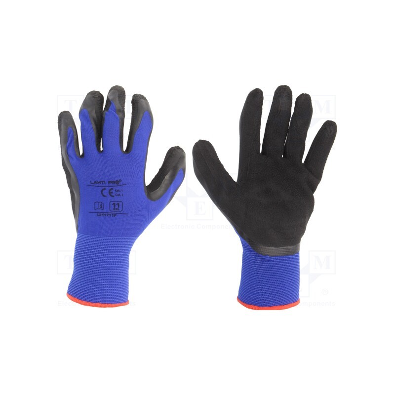 10 set : L211711K - Protective gloves, Size: 11, black-navy blue, latex,polyamide