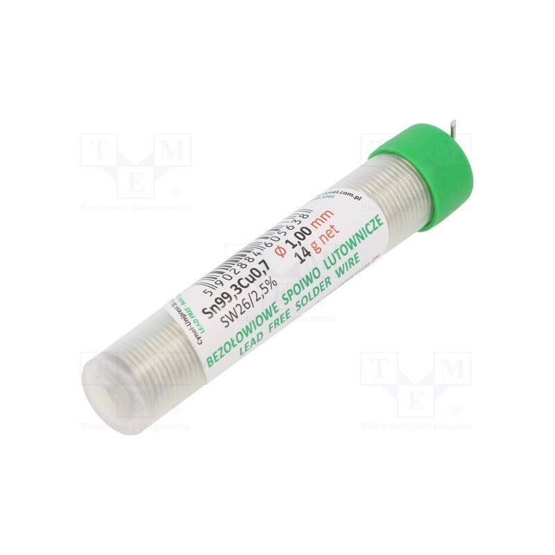 10 pcs : - Soldering wire, Sn99,3Cu0,7, 1mm, 14g, lead free, reel, 227°C, 2.5%