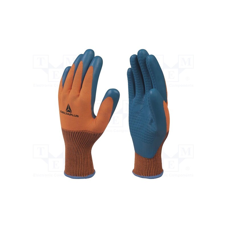 10 set : VE733OR07 - Protective gloves, Size: 7, orange-navy blue, latex,polyester