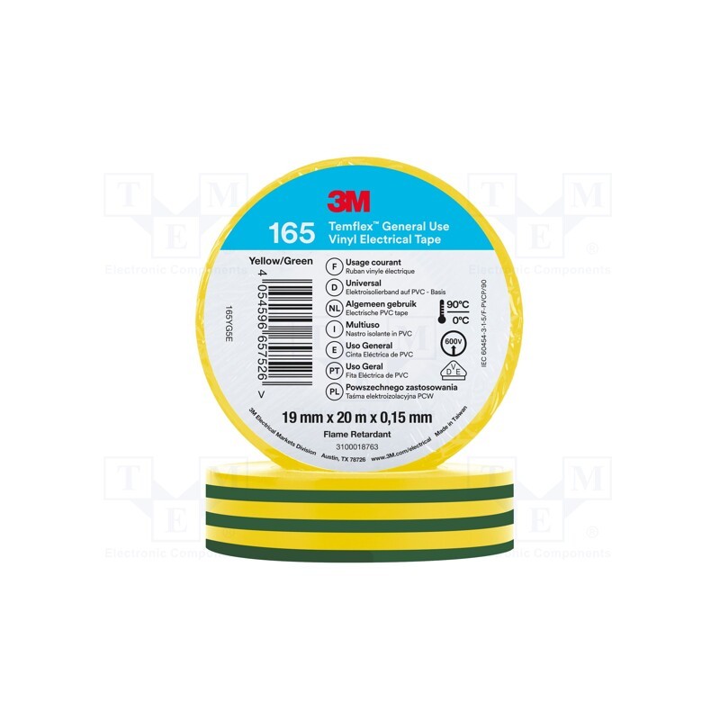 10 rol : 165YG5E - Tape: electrical insulating, W: 19mm, L: 20m, Thk: 0.15mm, rubber