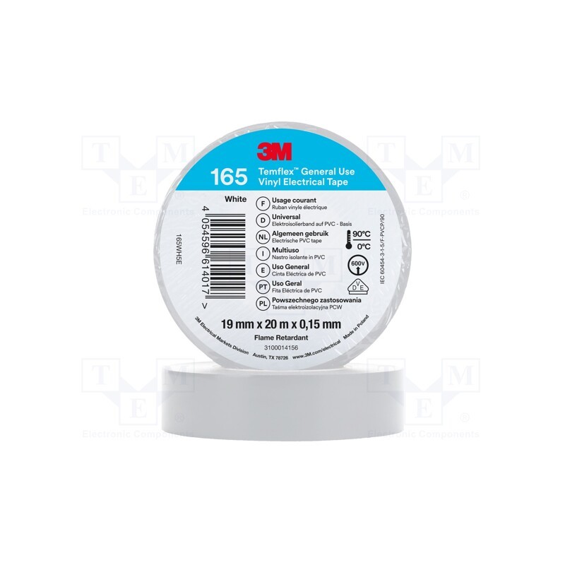 10 rol : 165WH5E - Tape: electrical insulating, W: 19mm, L: 20m, Thk: 0.15mm, white