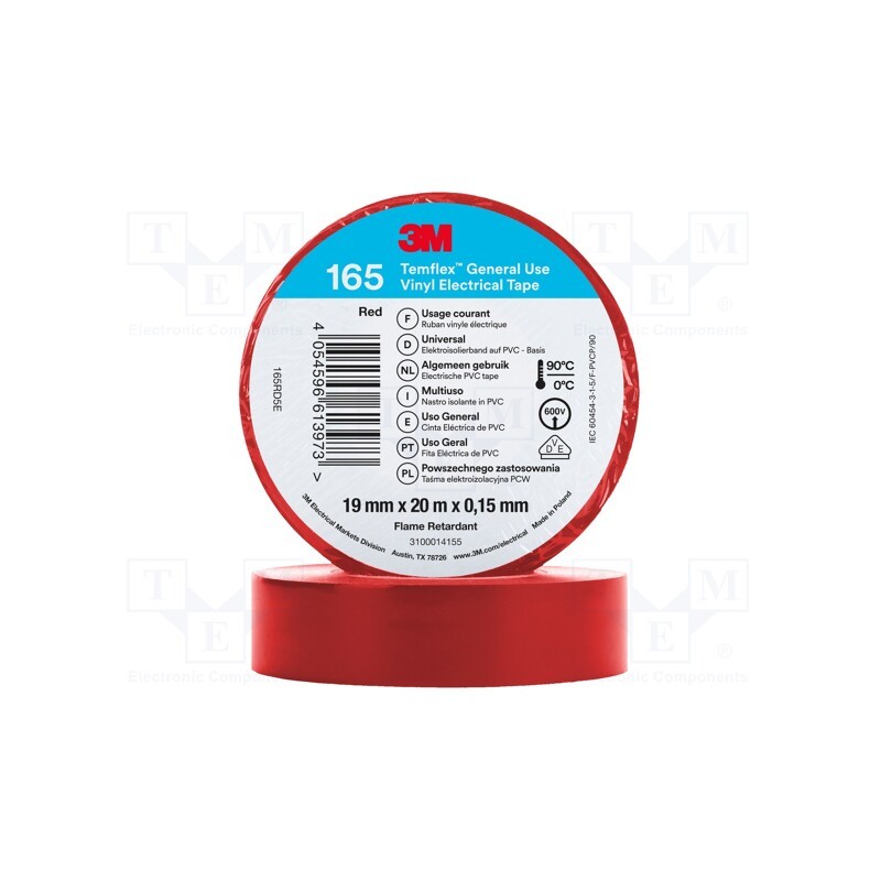 10 rol : 165RD5E - Tape: electrical insulating, W: 19mm, L: 20m, Thk: 0.15mm, red, 200%
