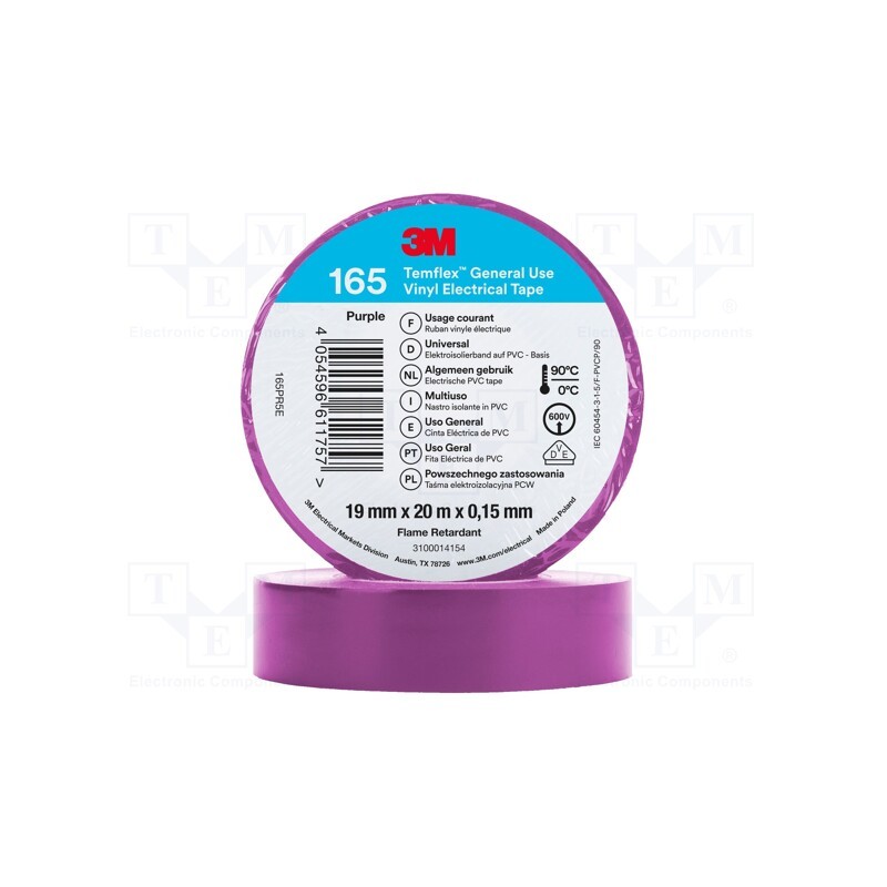 10 rol : 165PR5E - Tape: electrical insulating, W: 19mm, L: 20m, Thk: 0.15mm, violet