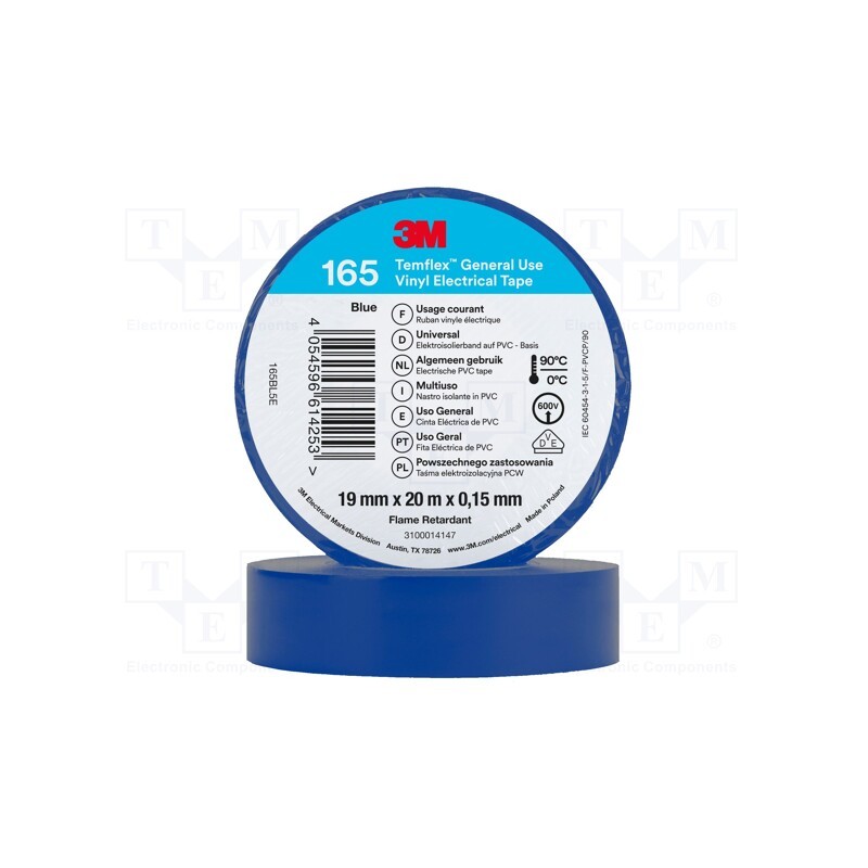 10 rol : 165BL5E - Tape: electrical insulating, W: 19mm, L: 20m, Thk: 0.15mm, blue, 200%