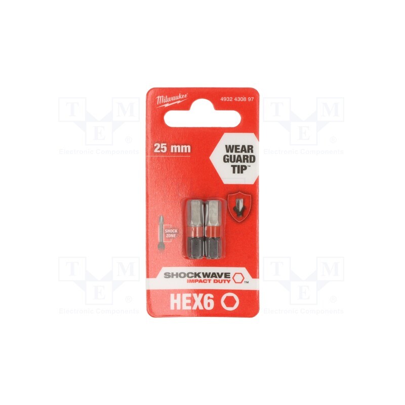 10 pcg : 4932430897 - Screwdriver bit, hex key, HEX 6mm, Overall len: 25mm, 2pcs.