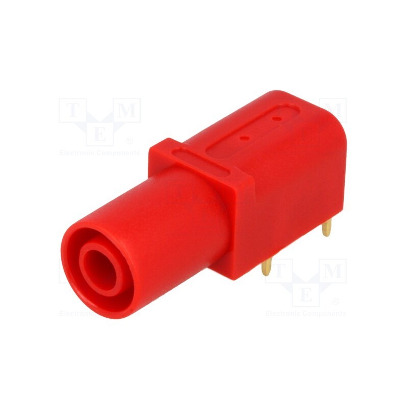 10 pcs : - Socket, 4mm banana, 24A, red, gold-plated, PCB, insulated, 33.6mm