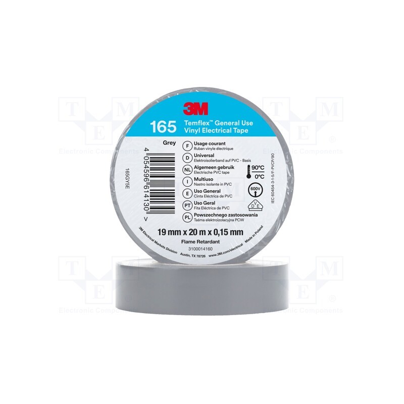 10 rol : 165GY5E - Tape: electrical insulating, W: 19mm, L: 20m, Thk: 0.15mm, grey, 200%