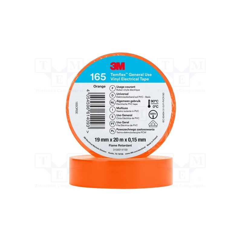 10 rol : 165OR5E - Tape: electrical insulating, W: 19mm, L: 20m, Thk: 0.15mm, orange