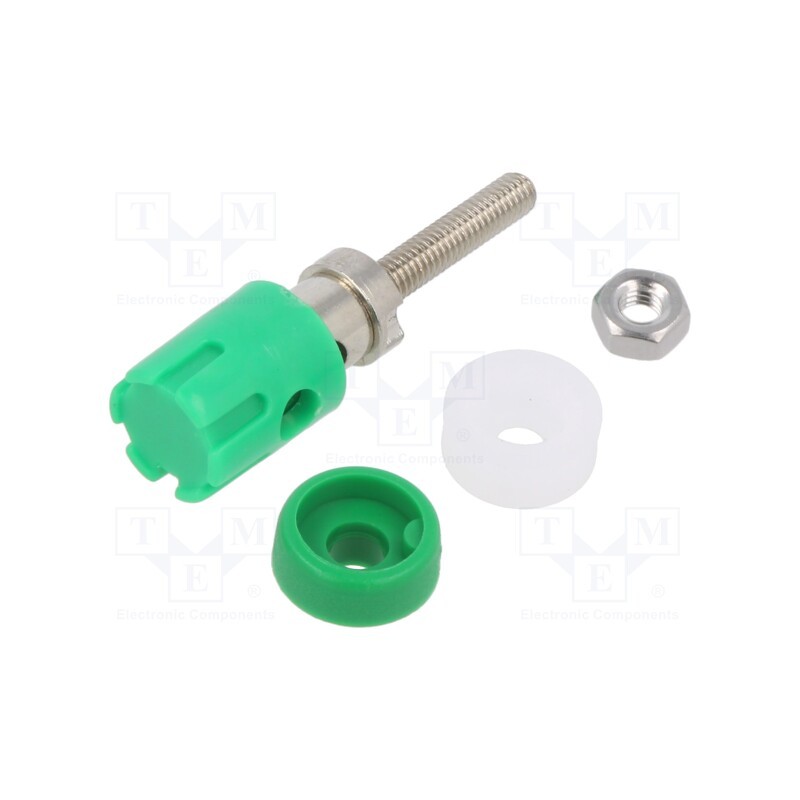 10 pcs : CL681563 - Socket, 4mm banana, 15A, 48VDC, green, nickel plated, on panel