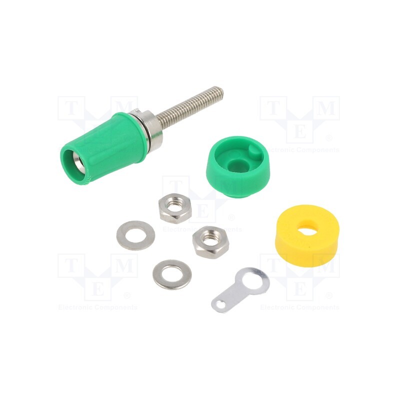 10 pcs : CL1553-TP/2 - Socket, 4mm banana, 15A, green, on panel, Connection: soldered