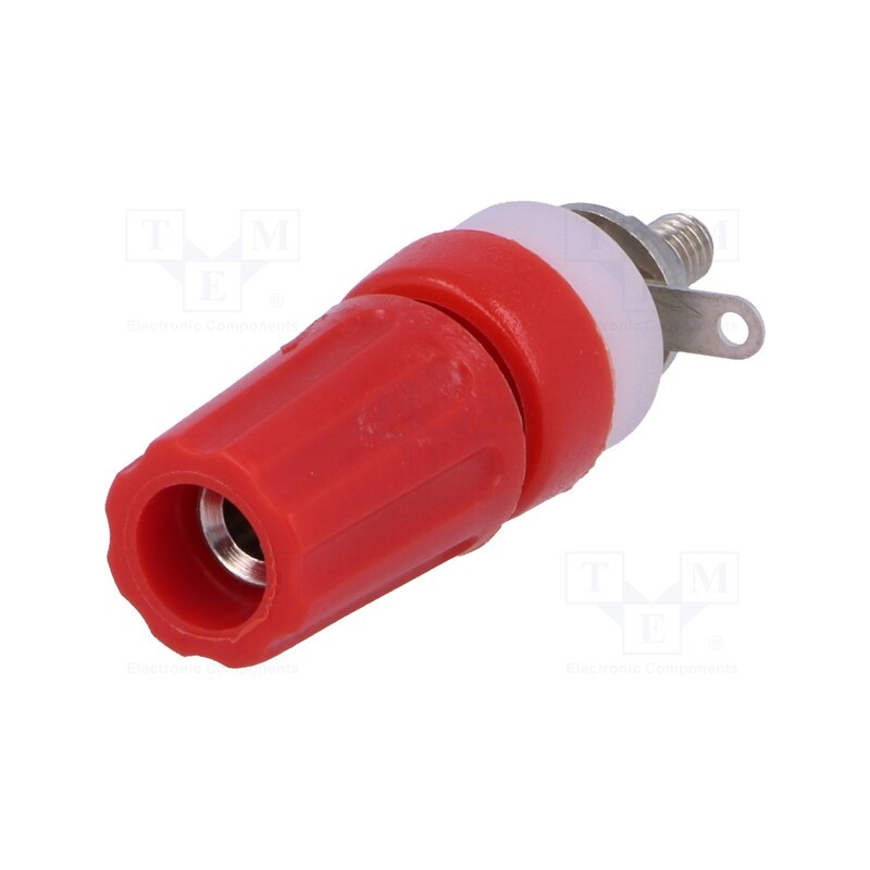 10 pcs : - Socket, 4mm banana, 15A, 250VDC, L: 45mm, red, nickel plated