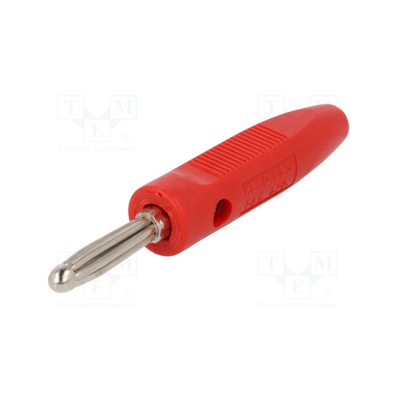 10 pcs : 555-0500 - Plug, 4mm banana, 16A, 50VDC, red, for cable, 2.5mm2, nickel plated
