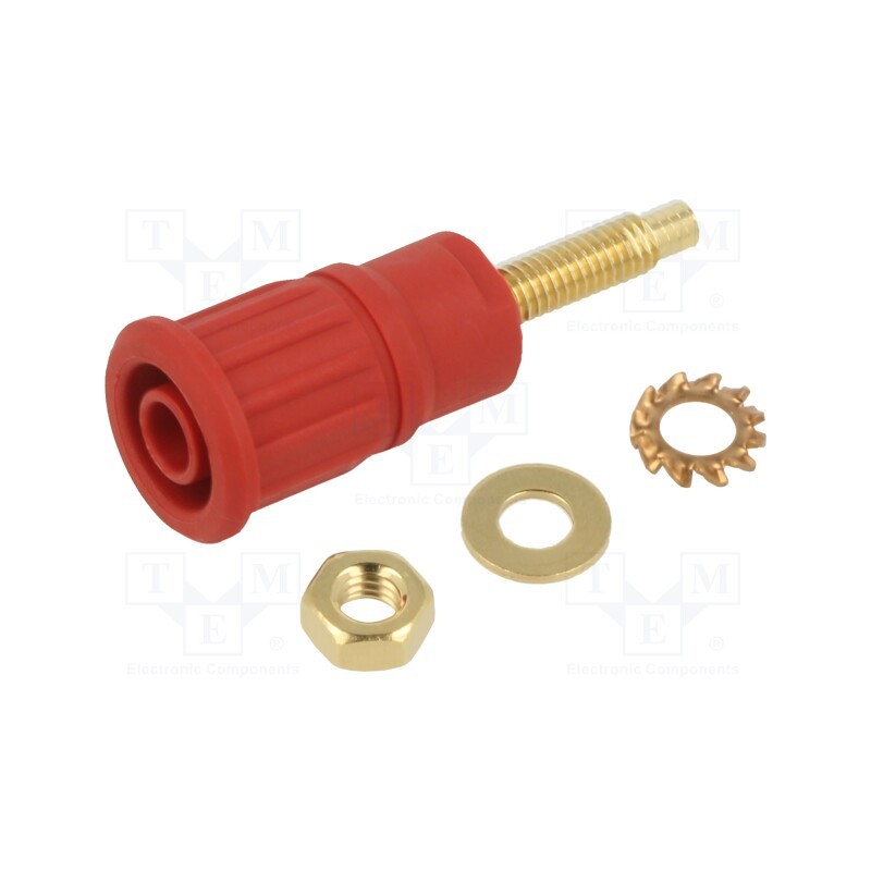 10 pcs : 23.3140-22 - Socket, 4mm banana, 32A, 1kV, red, gold-plated, on panel, insulated