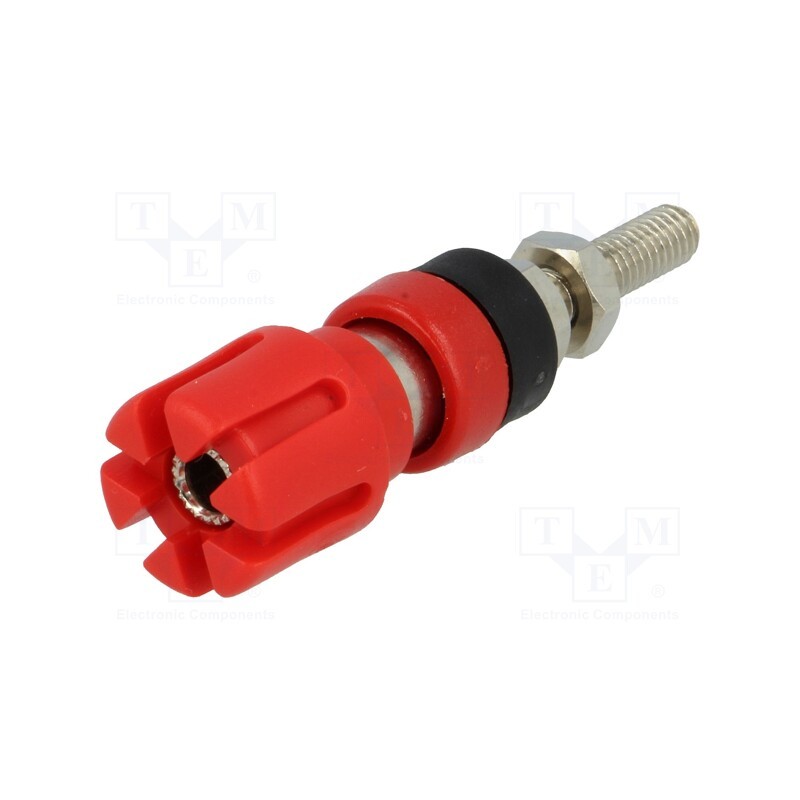 10 pcs : - Socket, 4mm banana, 30A, 60VDC, 59mm, red, nickel plated, -20÷80°C