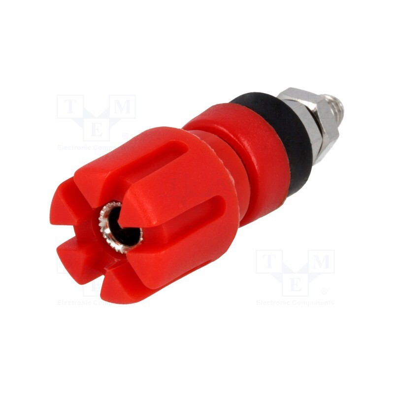 10 pcs : - Socket, 4mm banana, 30A, 60VDC, 48mm, red, nickel plated, -20÷80°C