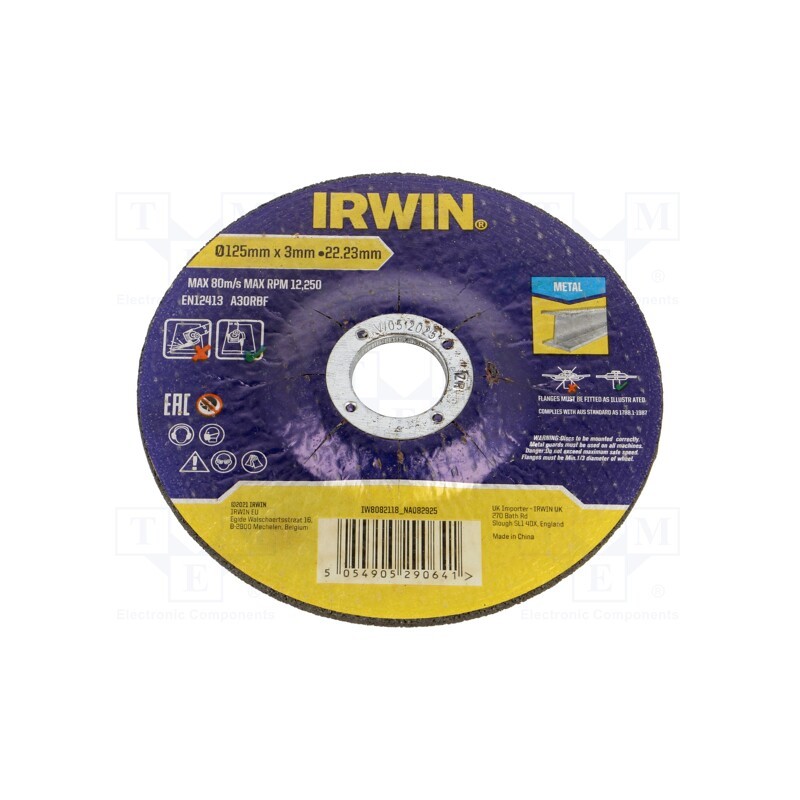 10 pcs : IW8082118 - Cutting wheel, Ø: 125mm, Øhole: 22.23mm, metal,steel