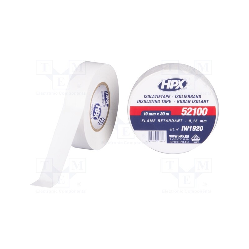20 rol : IW1920 - Tape: electrical insulating, W: 19mm, L: 20m, Thk: 0.15mm, white