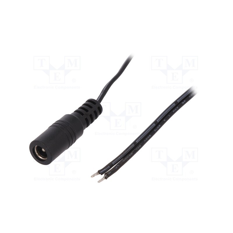 10 pcs : - Cable, 2x0.5mm2, wires,DC 5,5/2,1 socket, straight, black, 0.23m