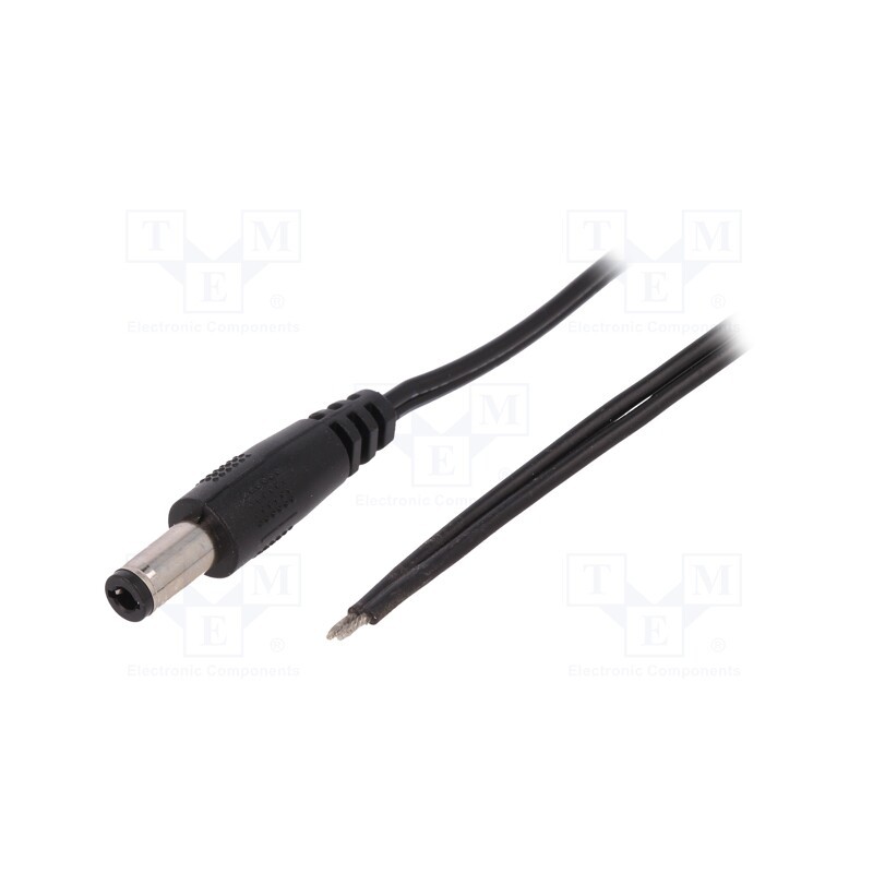10 pcs : - Cable, 2x0.5mm2, wires,DC 5,5/2,5 plug, straight, black, 0.23m