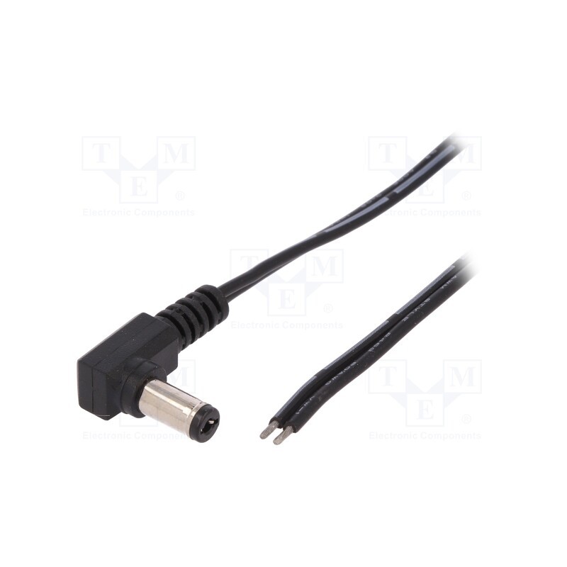 10 pcs : - Cable, 2x0.5mm2, wires,DC 5,5/2,1 plug, angled, black, 1.46m