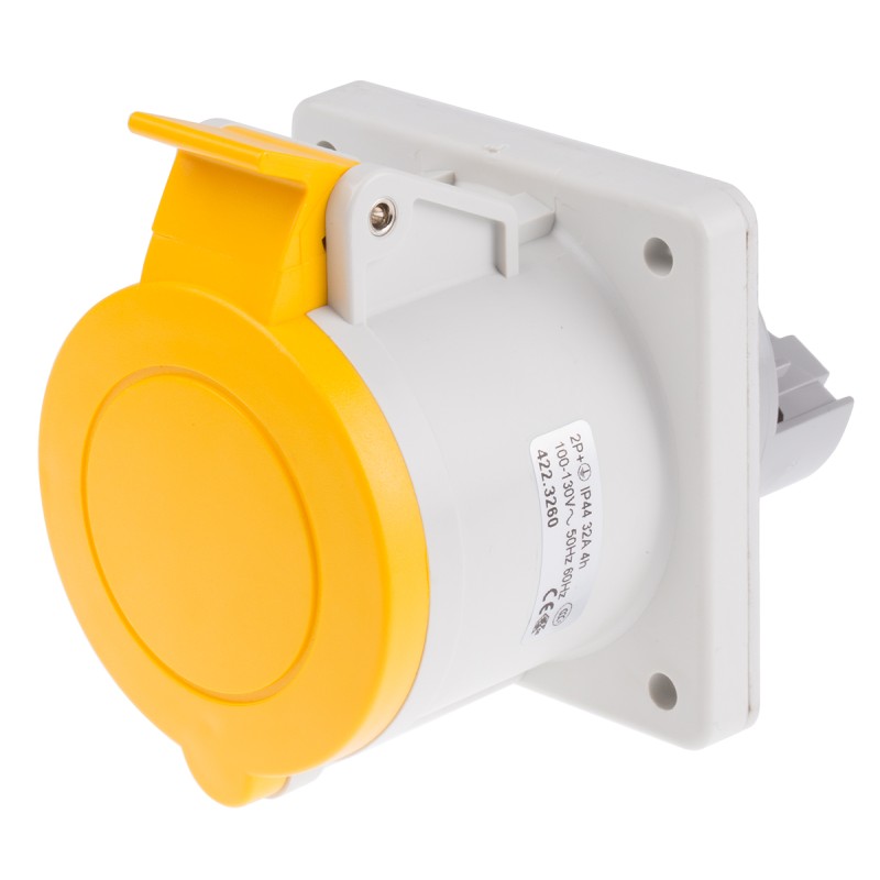 1 pcs - Scame IP44 Yellow Panel Mount Socket, Rated At 32A, 100 - 130 V