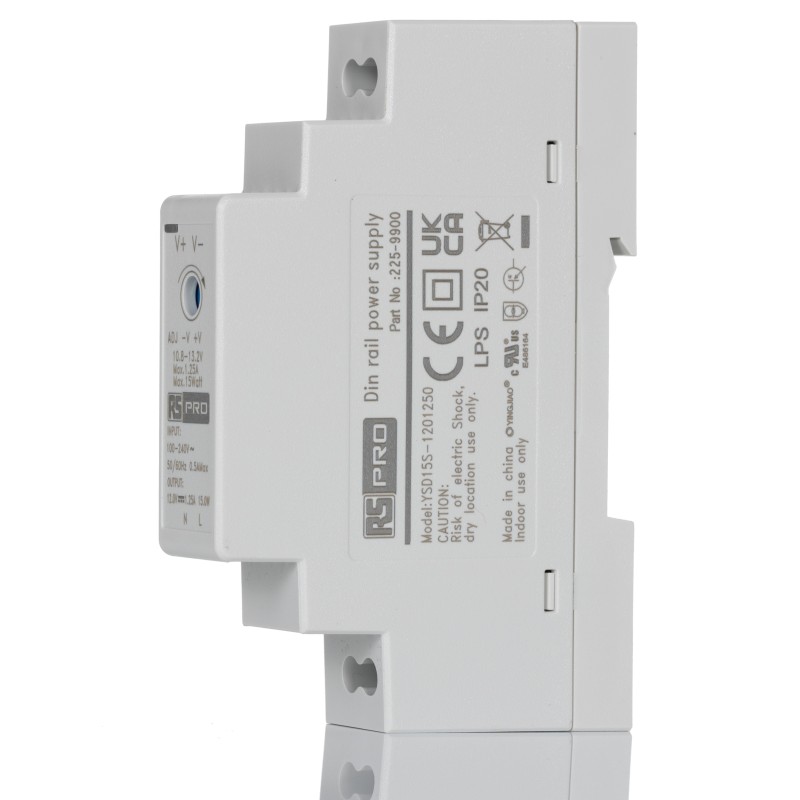 1 pcs - RS PRO DIN Rail Power Supply, 90 - 264V ac ac Input, 12V dc Output, 1.25A Output, 15W