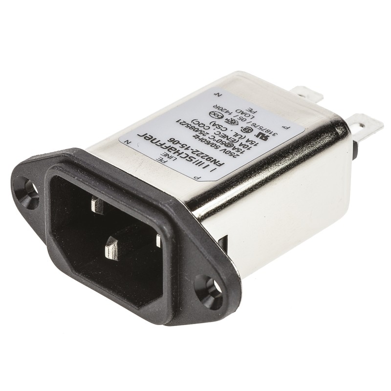 1 pcs - Schaffner 15A, 250 V ac Male Panel Mount IEC Filter FN9222-15-06, Faston None Fuse