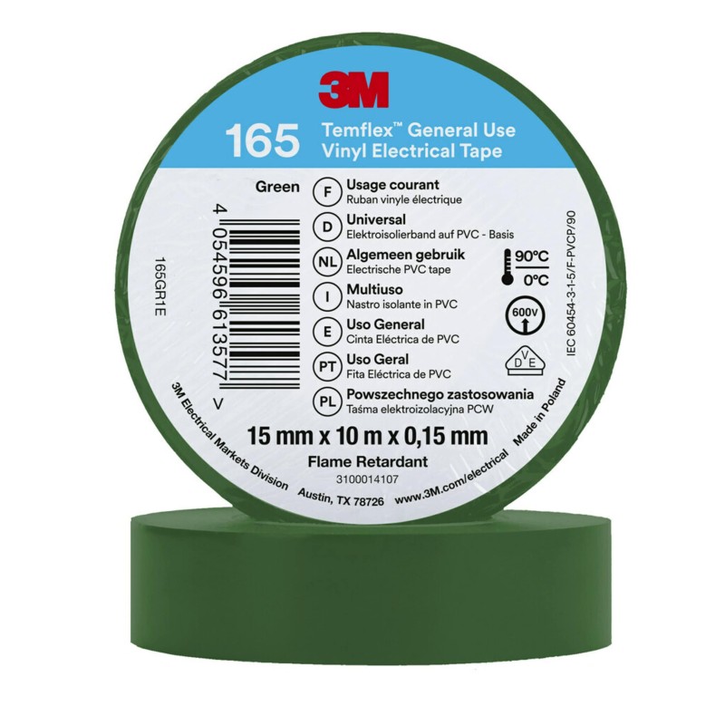 10 pcs - 3M 165 green 15mm x 10m 3M Temflex Green Vinyl Electrical Tape, 15mm x 10m
