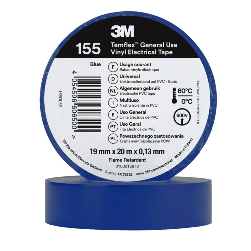 10 pcs - 3M 155 blue 19mm x 20m 3M Temflex 155 Blue Vinyl Electrical Tape, 19mm x 20m