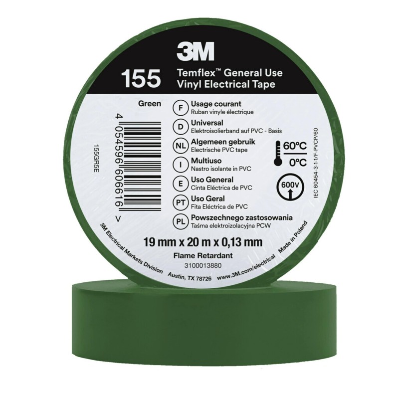 10 pcs - 3M 155 green 19mm x 20m 3M Temflex 155 Green Vinyl Electrical Tape, 19mm x 20m