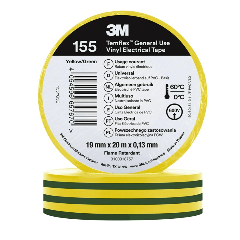 10 pcs - 3M 155 green/yellow 19mm x 20m 3M Temflex 155 Green, Yellow Vinyl Electrical Tape, 19mm x 20m