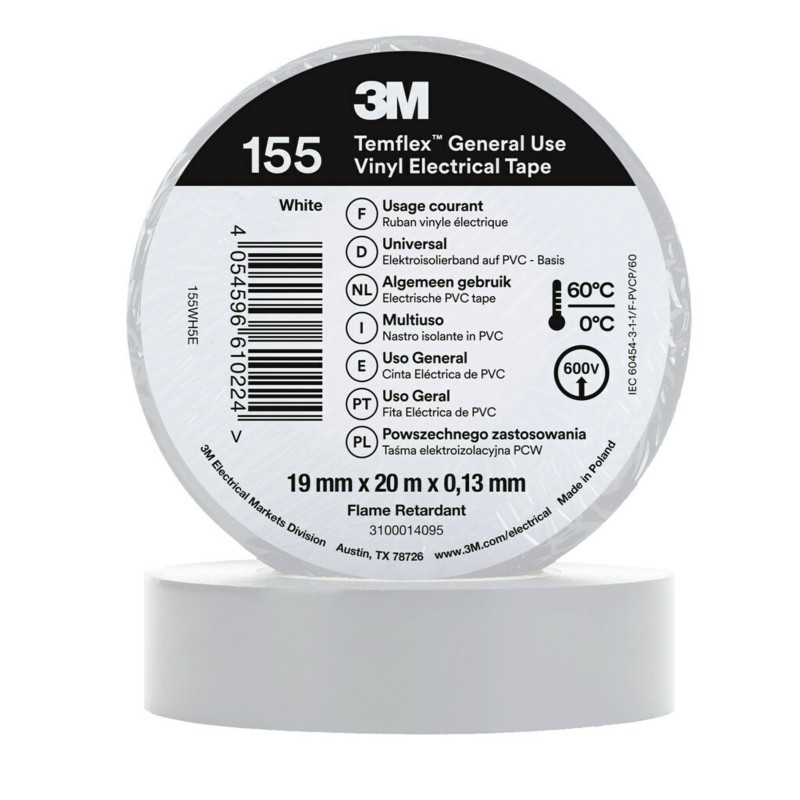 10 pcs - 3M 155 white 19mm x 20m 3M Temflex 155 White Vinyl Electrical Tape, 19mm x 20m