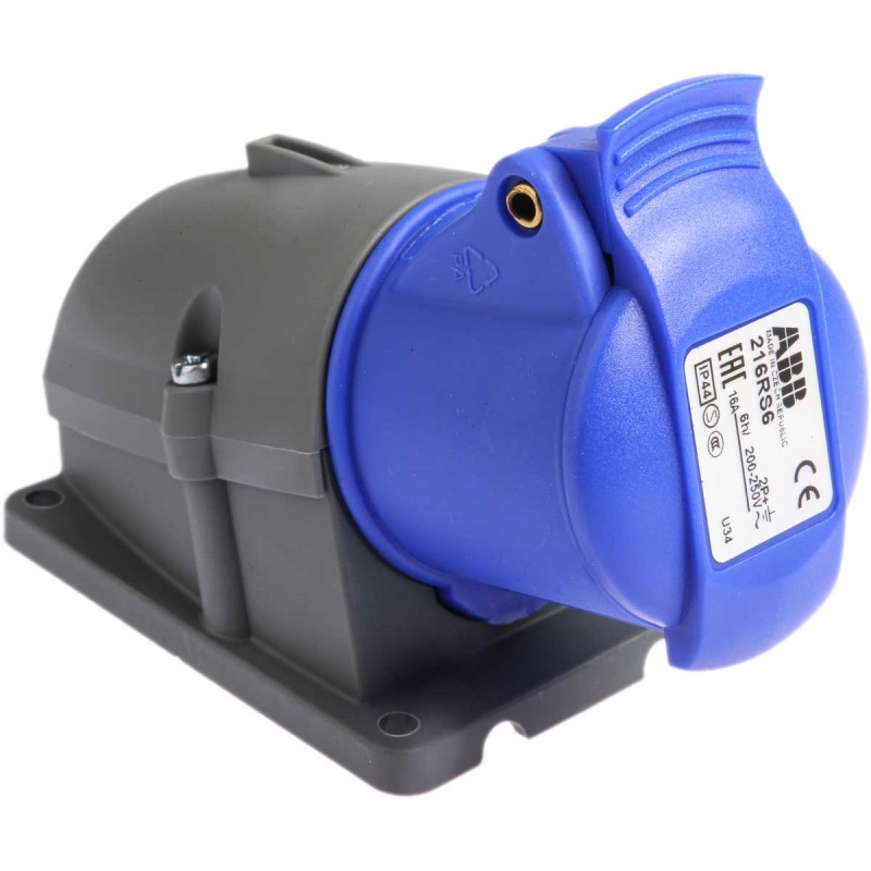 1 pcs - ABB, Easy & Safe IP44 Blue Wall Mount 2P + E Right Angle Industrial Power Socket, Rated At 16A, 230 V